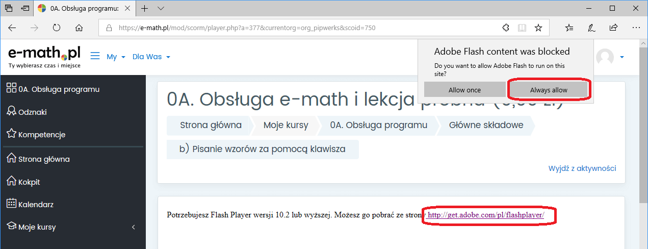 Adobe Firefox problem z uruchomieniem lekcji e-math.pl